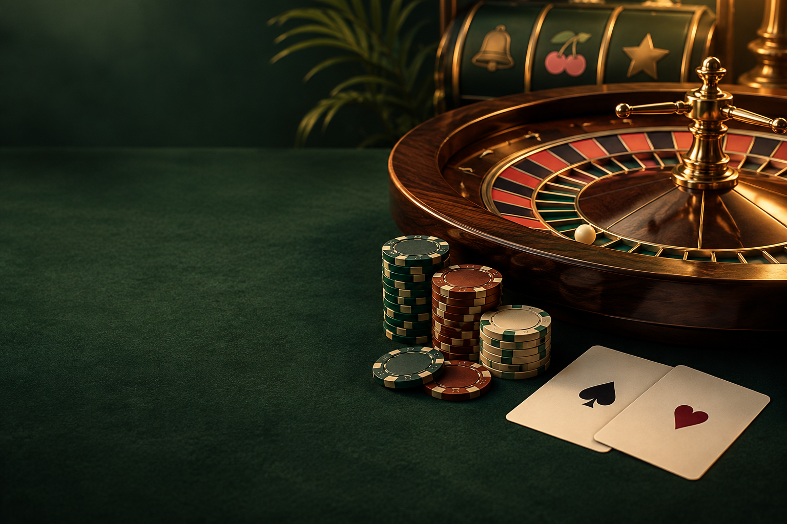 Ilustrasi meja roulette dengan roda, kartu, keping kasino, dan cahaya tembaga
